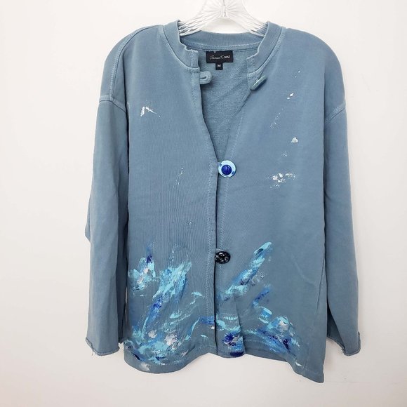 Sunset Coast Sweaters - Sunset Coast Women's Slate Blue Waves Button Down Distressed Cardigan Sweater